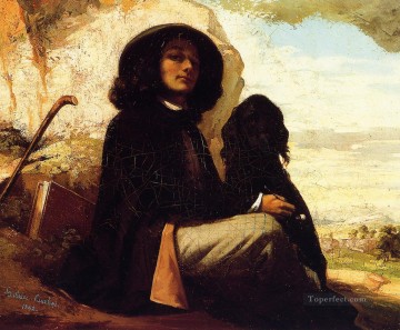 monochrome black white Painting - Self Portrait with a Black Dog Realist Realism painter Gustave Courbet
